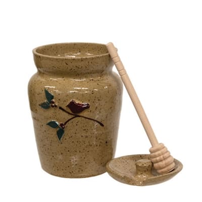 Dark Beige Decorative Ceramic Honey Pot with Wooden Dipper and Lid Cardinal and Branch Design - 5.25" H x 4" dia