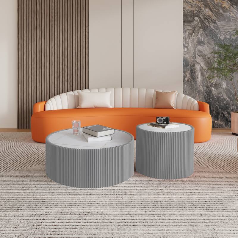 Light Sintered Stone Cylinder Shape Leather Coffee Table - Gold Pattern