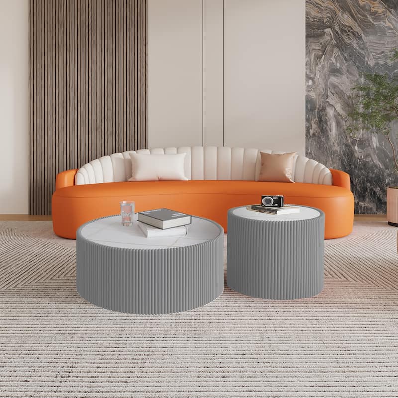 Small Coffee Table End Table for Living Room, Luxury Round Leather Accent Tables, Modern Circle Center Tables with Marble Top