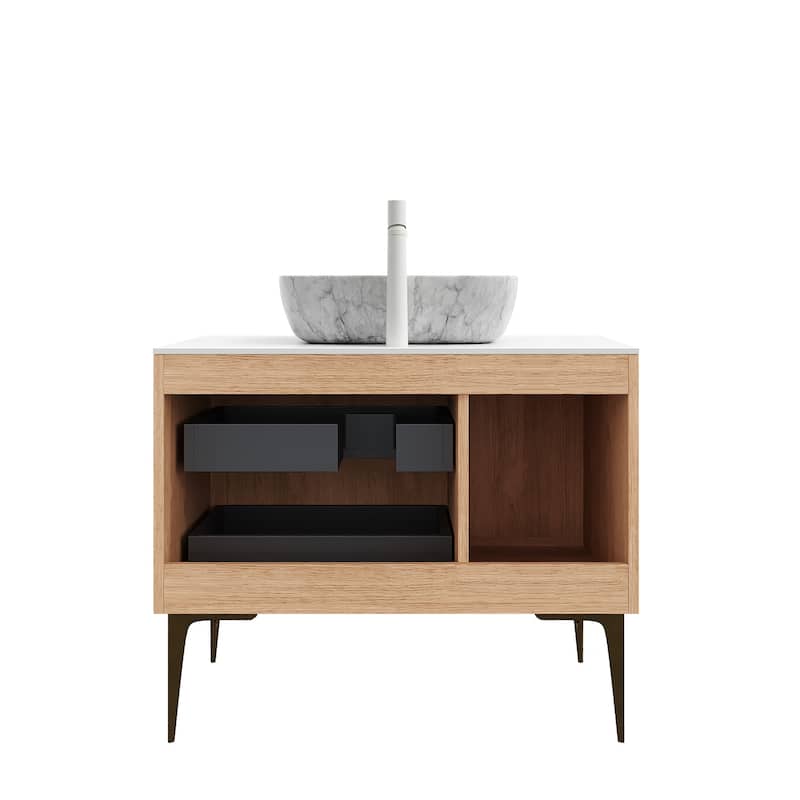 Freestanding Bathroom Vanity with Sintered Stone Top and Rectangle Ceramic Round Basin