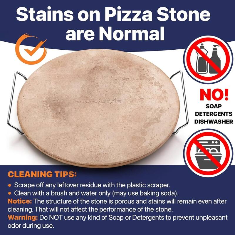 16" Pizza Stone for Oven & Grill with Handles - Natural Cordierite Baking Stone Set with SS Rack & Plastic Scraper