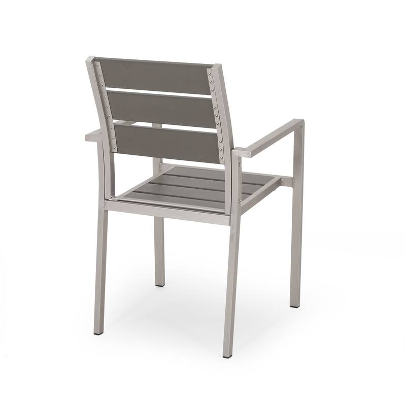 Roomfitters Modern Outdoor Aluminum Dining Chairs with Faux Wood Seat and Rust Resistant Frame, Grey, Set of 2