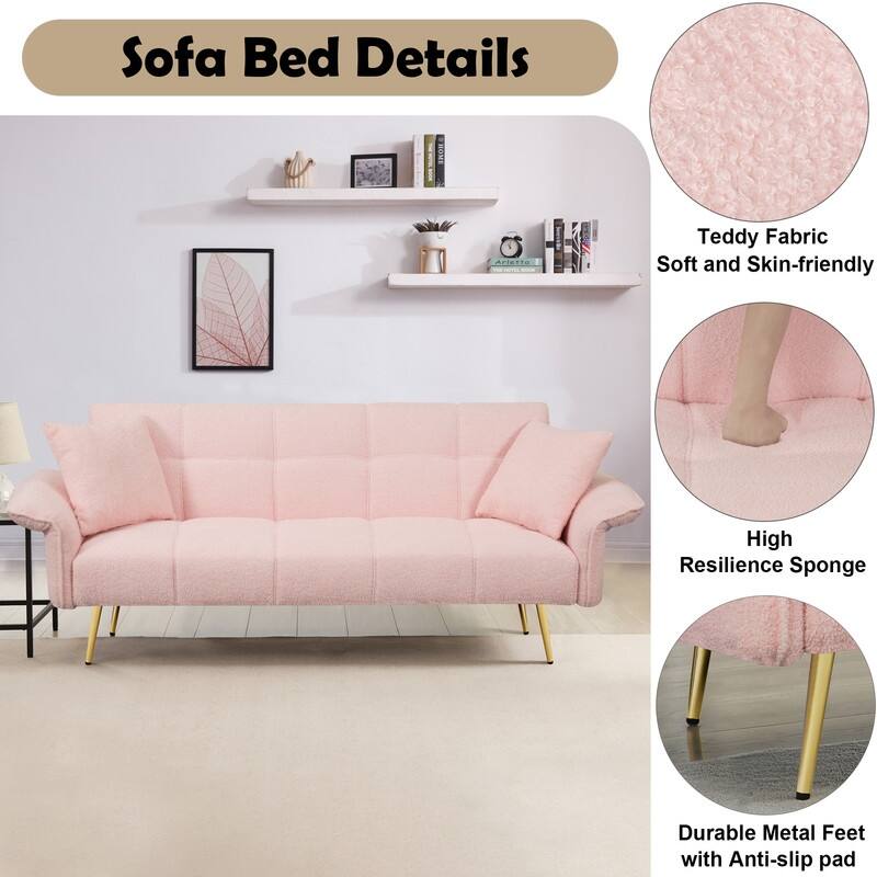 70.1" Teddy fleece Futon Couch Sofa Bed Folding Sleeper with Adjustable Armrests Backrest