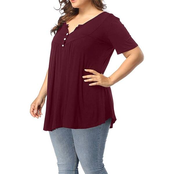 Women S Short Sleeve V Neck Henley Shirt Buttons Up Pleated Tunic Tops Overstock 32138124