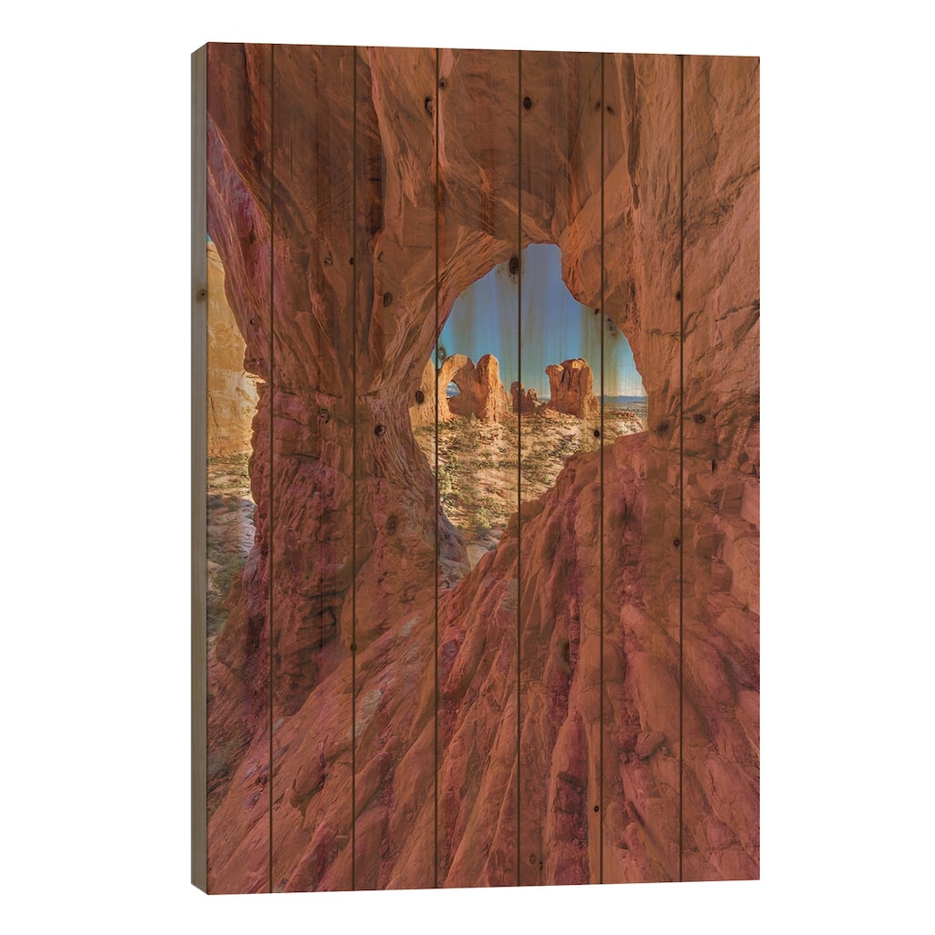 Double Arch seen through Cove Arch, Arches National Park, Utah Print On Wood by Jeff Foott - Multi-Color