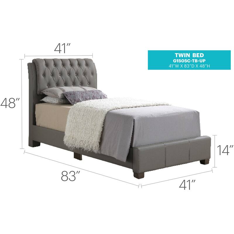 Twin Bed with Padded Headboard - Light Grey Faux Leather Platform Bed Frame for Bedroom