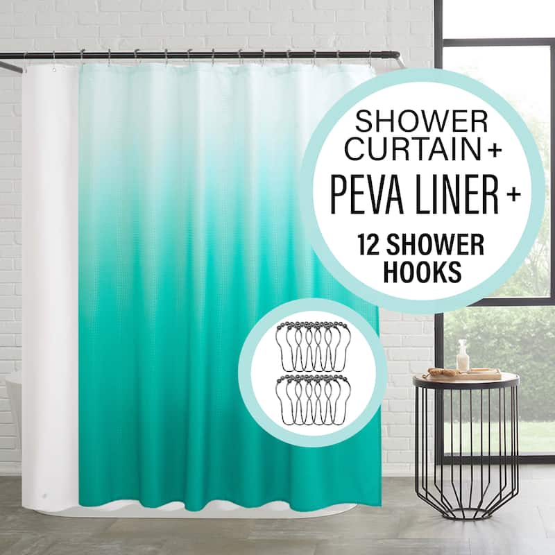 14-Piece Bath/Shower Set - Ombre Shower Curtain, Hooks & PEVA Liner