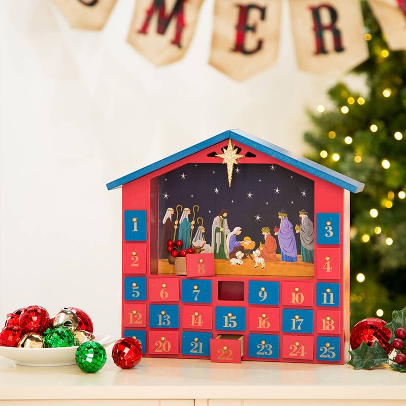 Glitzhome Christmas Wooden LED Farmhouse Countdown Advent Calendar with Drawer