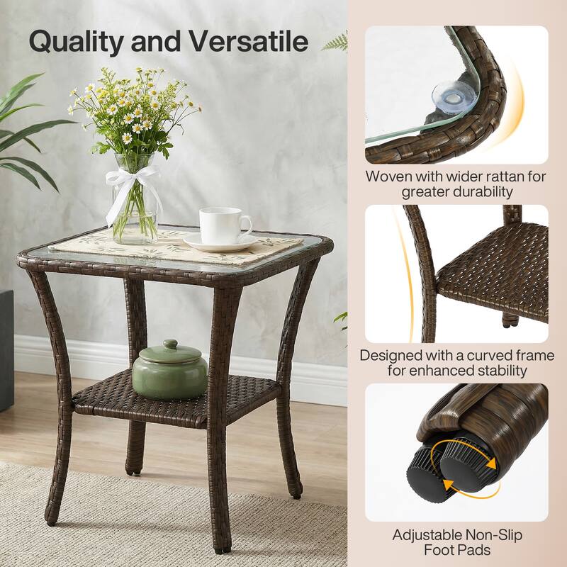 Wicker Rattan Side Table With Built-in Glass - 19.68'' H X 19.68'' D X 19.68'' W