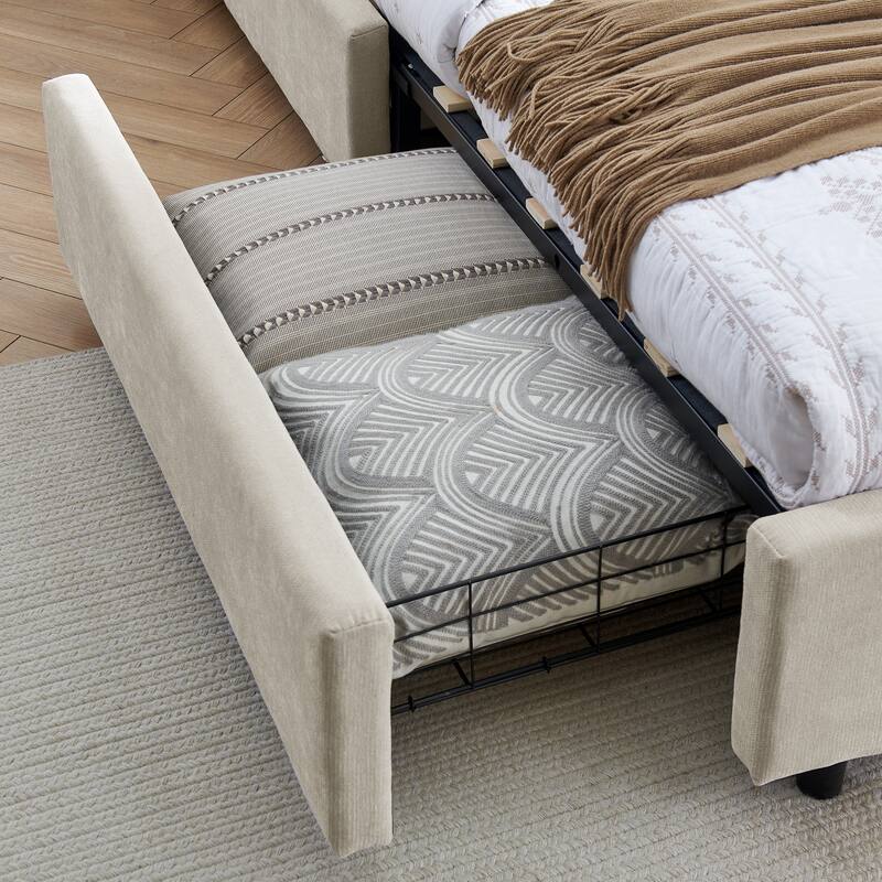 Roomfitters Queen Upholstered Bed Frame with Cushioned Headboard and 4 Storage Drawers, Chenille Fabric Platform Bed