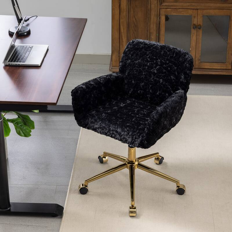 GDF Studio - Modern Upholstered Swivel Home Office Chair with Golden Metal Base and Artificial Rabbit Hair Comfort