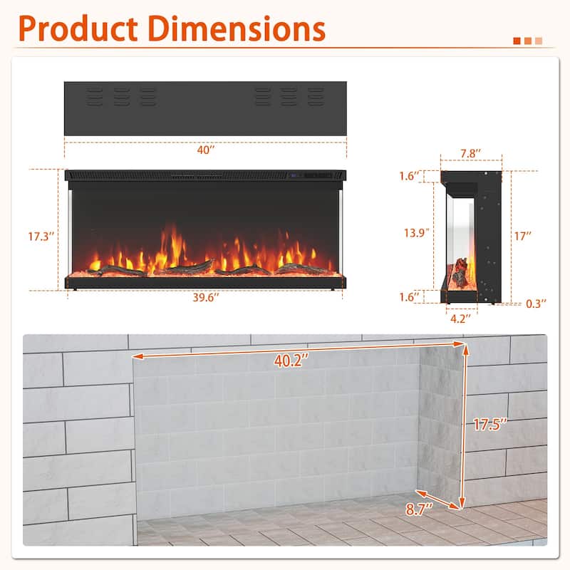 Black 3-Sided Electric Fireplace with Remote and Panoramic Tempered Glass Flames 5000 BTU Heater