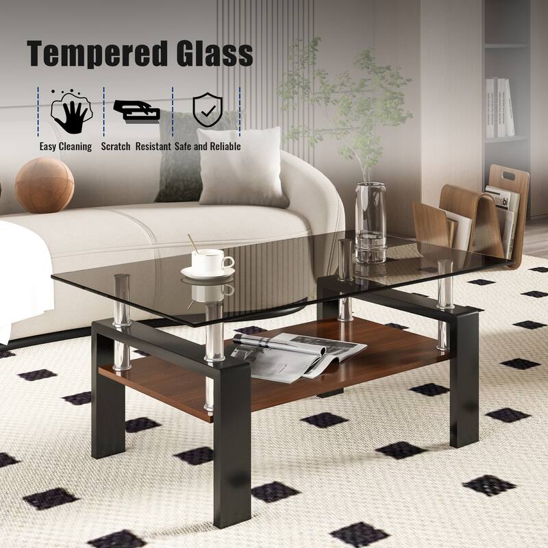 39x24'' Rectangle Coffee Table with Tempered Glass Tabletop for Living Room