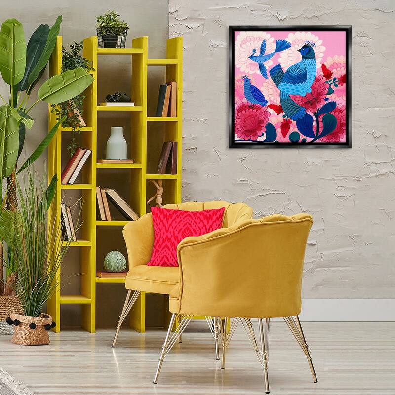 Stupell Folk Birds on Dahlias Framed Floater Canvas Wall Art Design By Kay Widdowson
