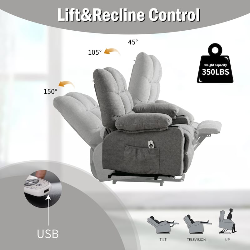Linen Power Lift Recliner Chair with Massage and Heat, Side Pockets, USB Charge Ports