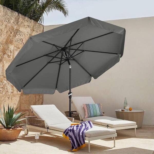 dark gray patio umbrella PURPLE LEAF Market with Base 15ft Double-Sided tune the tilt with the smooth crank mechanism and swivel the canopy a full 360 by stepping on the foot pedal Abba Patio Table Market Umbrella