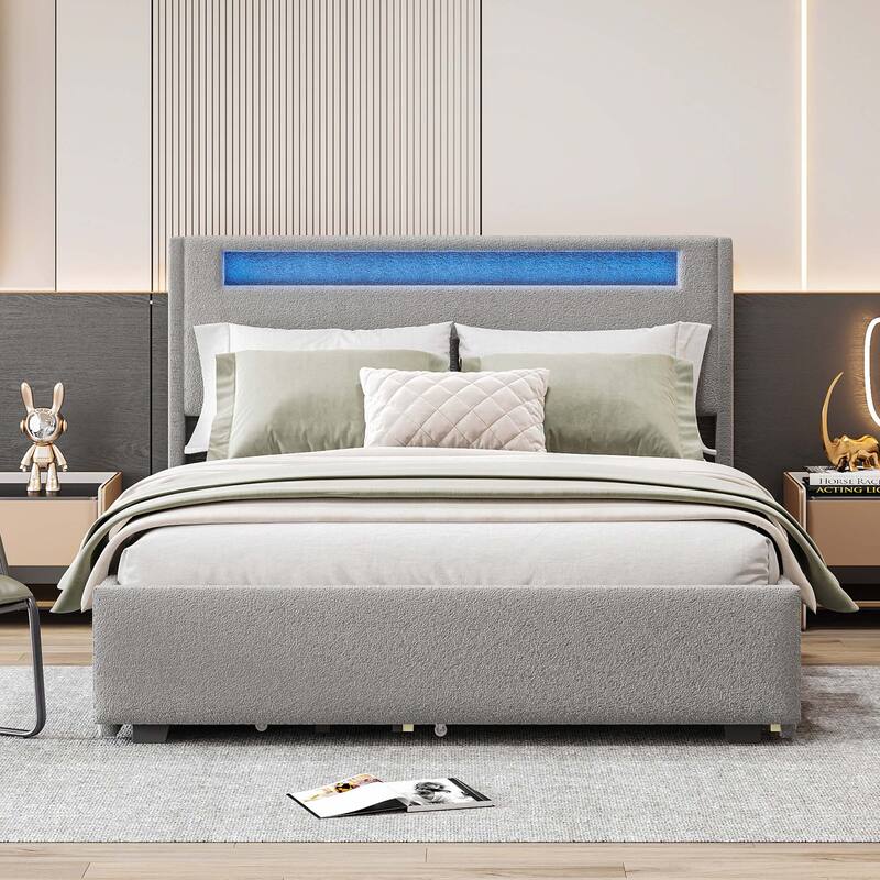 Full Size Upholstered Bed with LED and Twin Size Trundle - Gray(Teddy Fleece)