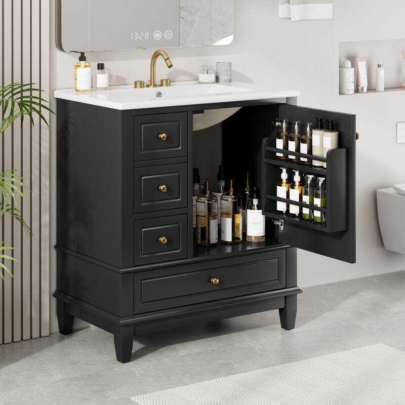 30" Bathroom Vanity with Sink - Soft Close Door, 3 Drawers & Storage Shelf, Modern Single Basin Cabinet