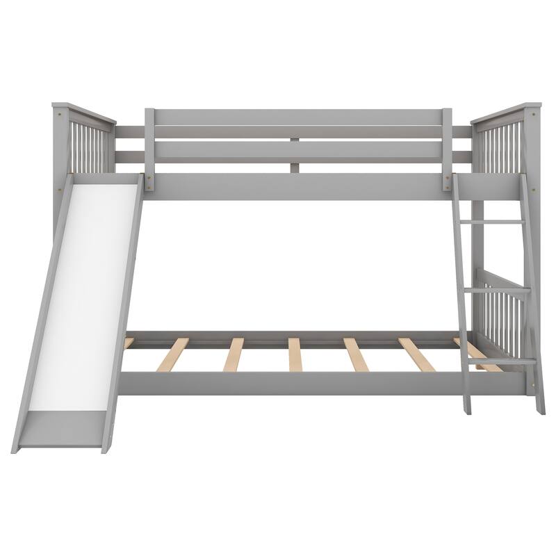 Full Solid Wood Low Bunk Bed with Slide