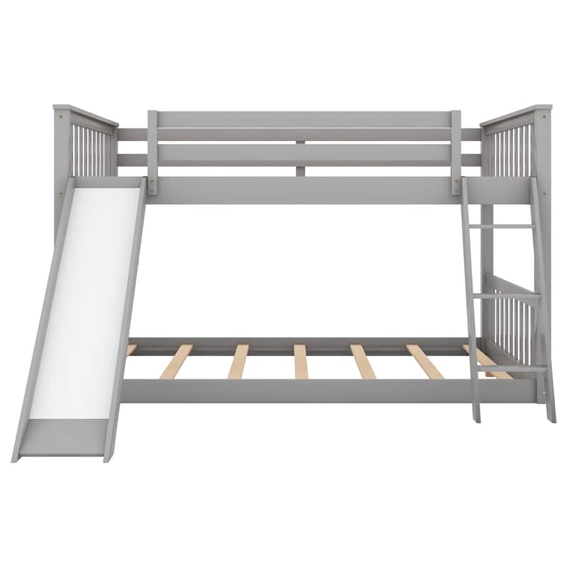 Kids Floor Bunk Bed, Full Over Full Bunk Bed with Convertible Slide and Ladder, Wooden Low Bunk Bed Frame for Kids Girls Boys