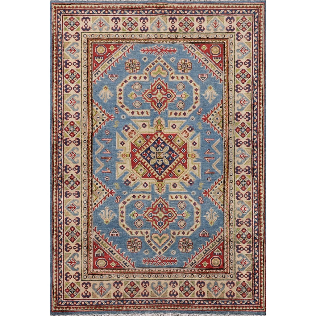Blue Geometric Kazak Oriental Rug Bedroom Hand-Knotted Wool Carpet - 4'0"x 5'10"