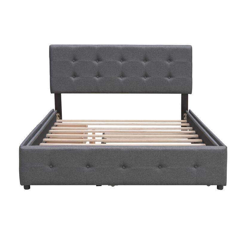 Dark Gray Linen Fabric Upholstered Queen Platform Bed With 2 Drawers, Twin Xl Trundle, Sturdy Wood Frame, No Box Spring Needed