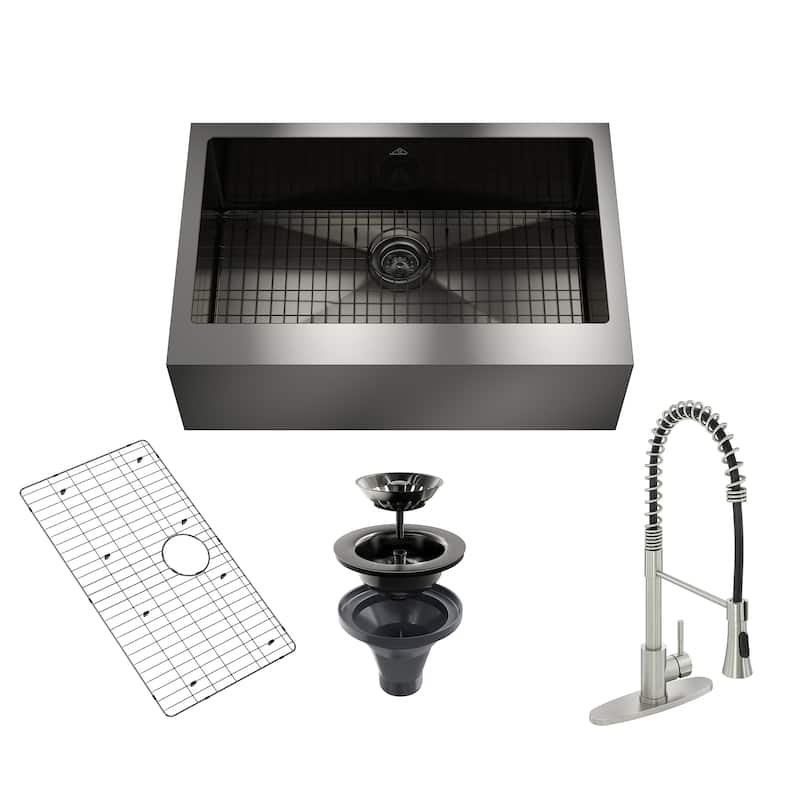 All-in-one Handmade 33 in. Stainless Steel 18-gauge Single Bowl Farmhouse/Apron-Front Kitchen Sink in Nano PVD with Accessories - Nano PVD Gunmetal Black Sink+Brushed Nickel Faucet