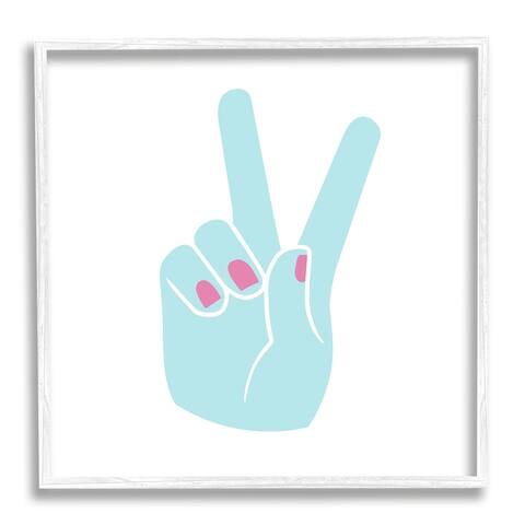 'Peace Hand - Teal with Pink Nail Polish' Framed Giclee Texturized Art - Blue