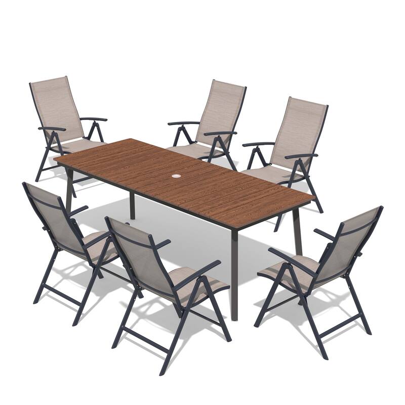 7-Piece Outdoor Dining Set Rectangle Patio Dining Table and Folding Adjustable Dining Chairs