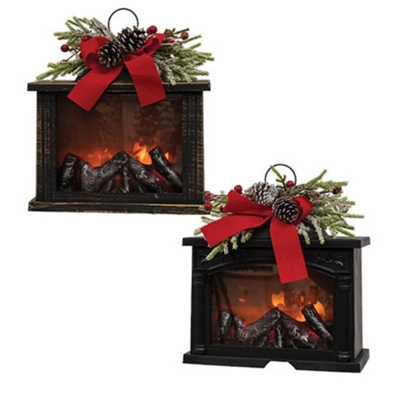 Decorative Winter Fireplace Lantern with Faux Flame and Red Velvet Bow, Battery Operated 2 Asstd. - 12" H x 11" W x 4.5" D