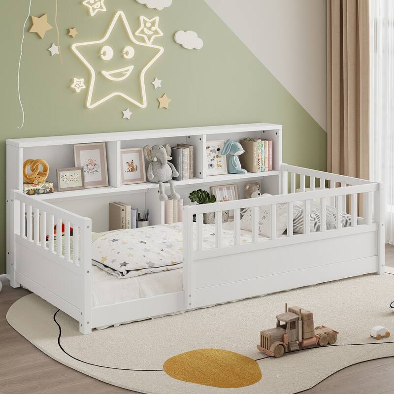 Wooden Floor Bed Frame with Fence Guardrail & Side Storage, Low Profile Kids Bed (Full/Twin)