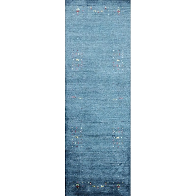 Hand Knotted Oriental Viscose Silk Carpet Tribal Animal Pictorial Navy Blue & Blues Gabbeh Runner Rug - 9' 8'' X 2' 10''