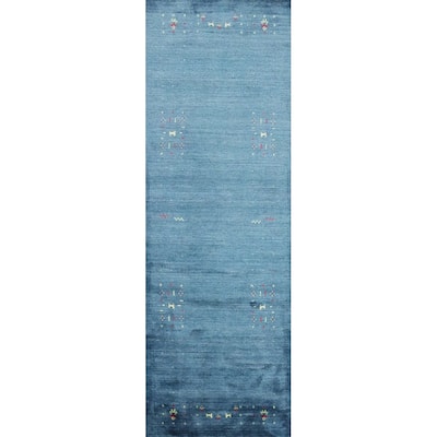 Hand Knotted Oriental Viscose Silk Carpet Tribal Animal Pictorial Navy Blue & Blues Gabbeh Runner Rug - 9' 8'' X 2' 10''