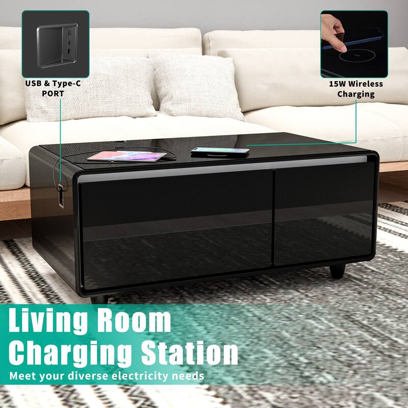 Smart Coffee Table with Built-in Fridge,Bluetooth Speaker,Wireless Charging,Touch Control Panel,USB Interface,Outlet Protection