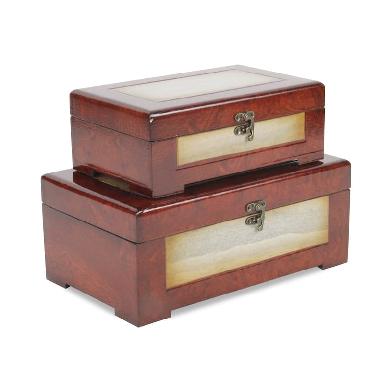 Brown Wooden Treasure Box with Marble Design (Set of 2) - Brown