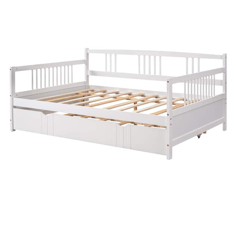 Full Size Daybed Wood Bed with Twin Size Trundle, White