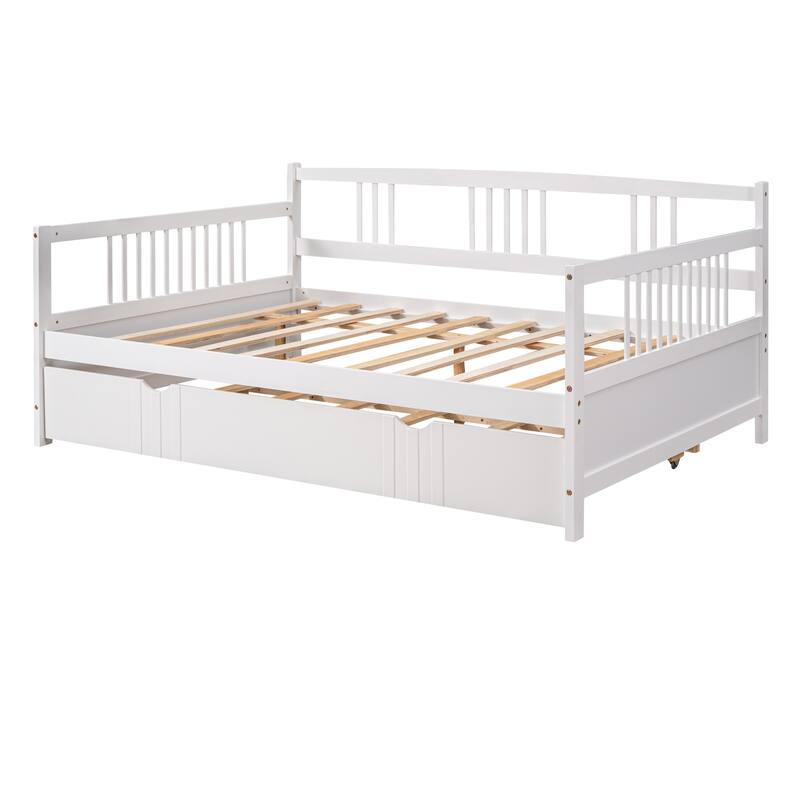 White Full Size Daybed with Twin Trundle, Solid Pine Wood Frame, Multi-Functional Furniture