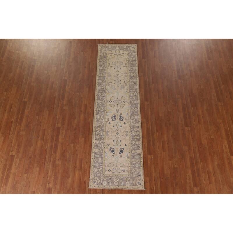 Hand Knotted Oriental 100% Wool Carpet Transitional Geometric Beige & Ivories Oushak Runner Rug - 9' 8'' X 2' 8''