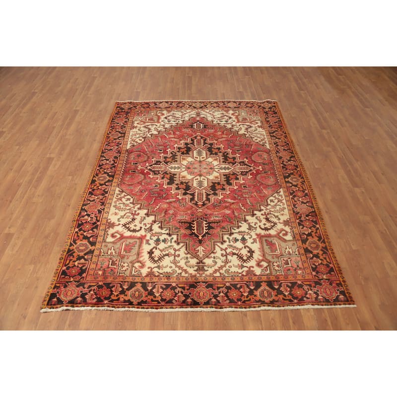 Hand Knotted Oriental 100% Wool Carpet Traditional Medallion Red Heriz Area Rug - 9' 5'' X 6' 6''