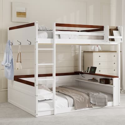 Queen Size Wooden Bunk Bed with Built-in Shelves,Storage Box,LED Light and USB Charging Station