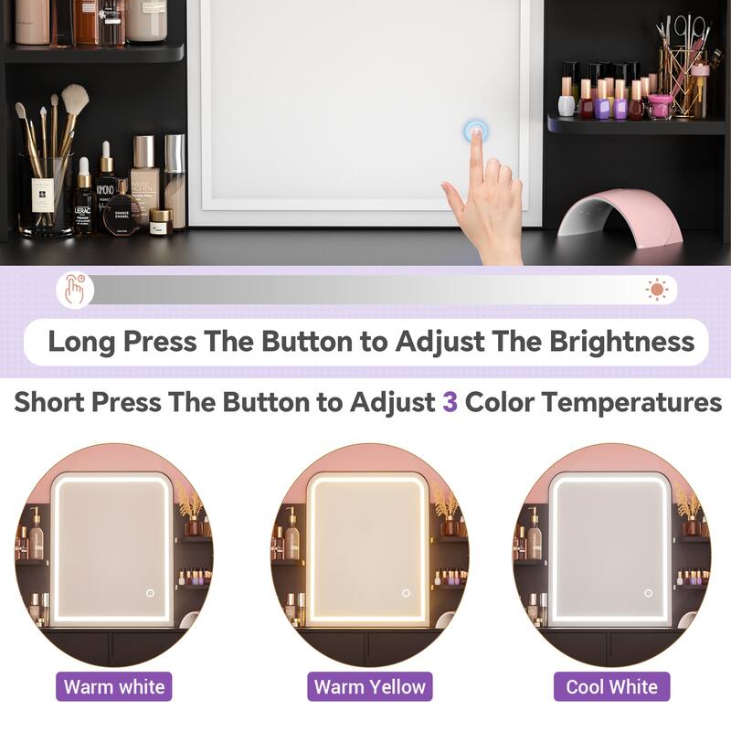 Modern Vanity Desk with LED Mirror, Makeup Table with Storage Drawers and Shelves - N/A