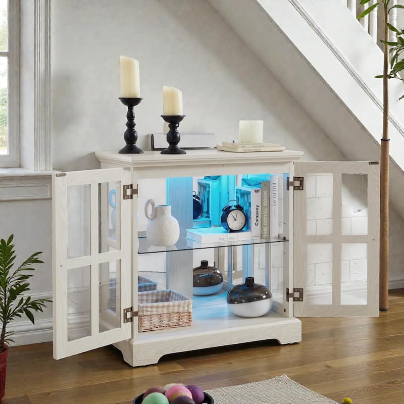 LED Curio Display Cabinet with Adjustable Glass Shelves, Antique Style Storage Cabinet with Lattice Doors