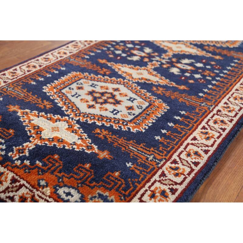 Blue Geometric Viss Oriental Runner Rug Handmade Wool Carpet - 2'7"x 7'10"