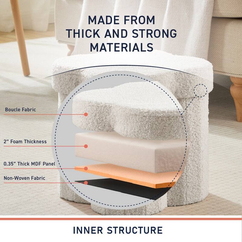 Ornavo Home Boucle Flower 12" Storage Ottoman - Footstool - Perfect for Dorm, Living Room and Bedroom