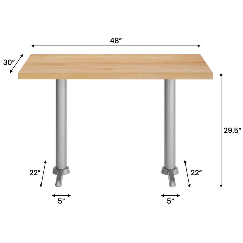 Rectangular Solid Wood Commercial Tabletop w/Two 22" x 22" Dining Height T-Bases - 30"W x 48"D x 29.5"H