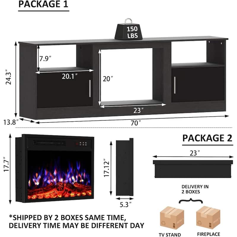 BOSSIN 70-inch TV Stand with 23" Electric Fireplace, Modern High-Gloss Entertainment Center for TVs up to 80" for Living Room