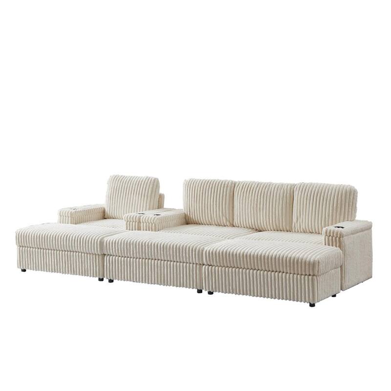 3-seater Modern Sofa with Corduroy Single Sofa, Cup-holding Grooves and 3 Ottomans