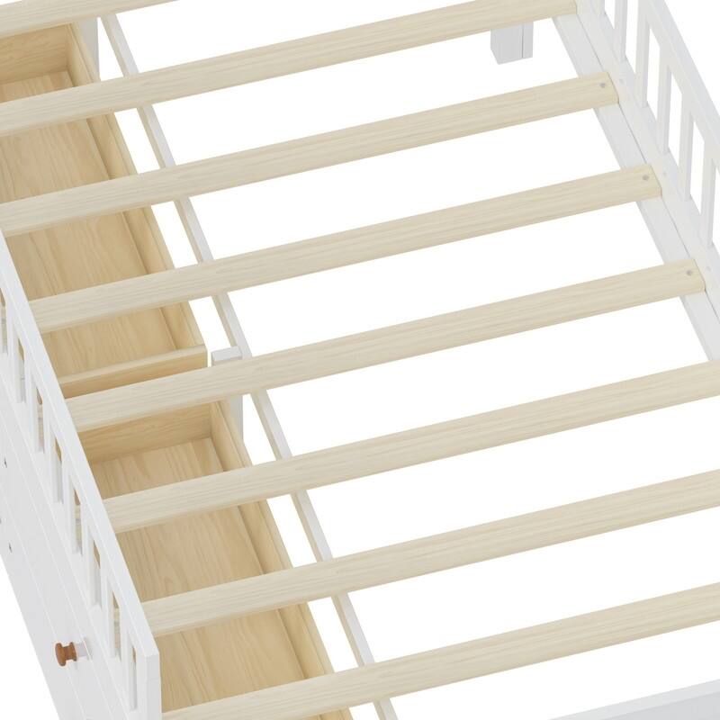 Twin Size Kids House Bed Frame with Storage Headboard and 4 Drawers, Wooden Platform Bed with Guardrail and Small Ladder