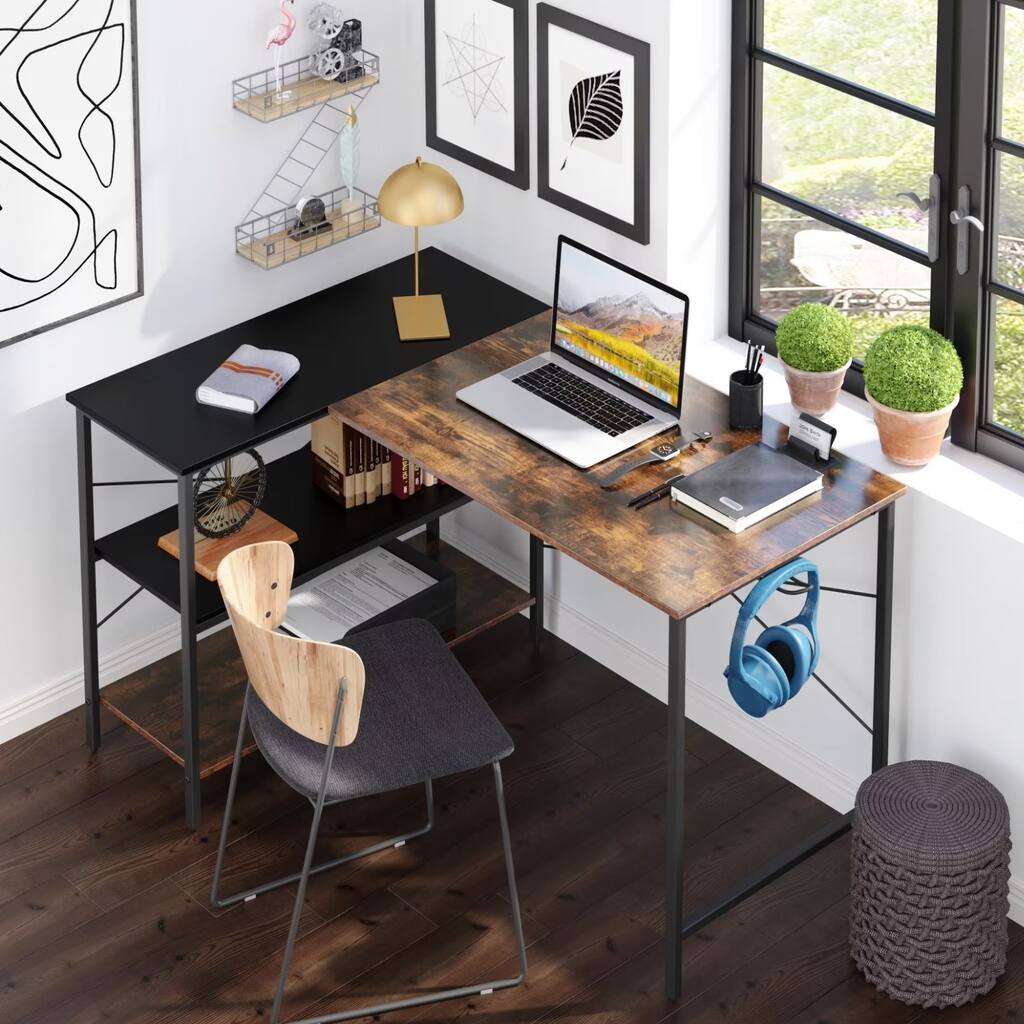 Industrial L-Shaped Computer Desk, Office Corner Desk, Writing Study Table with Storage Shelves