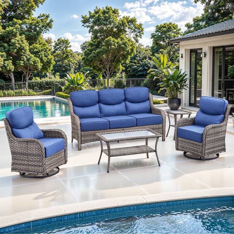 Gymojoy 5-Piece Patio Furniture Set with Swivel Glider Chairs, 6-Inch Ultra-Plush Cushions & Water-Resistant Olefin Fabric - Grey Wicker / Blue Cusion - 5-Piece